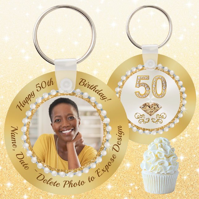 Llavero Elegante fiesta de cumpleaños número 50 favorece a (50th Birthday Party Favors. Golden Birthday Favors, Gold, Photo Keychains. 50th Birthday Souvenirs)