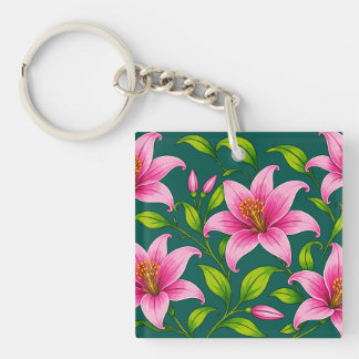 Llavero Elegante Flor de Lirio Rosa con Follaje Verde
