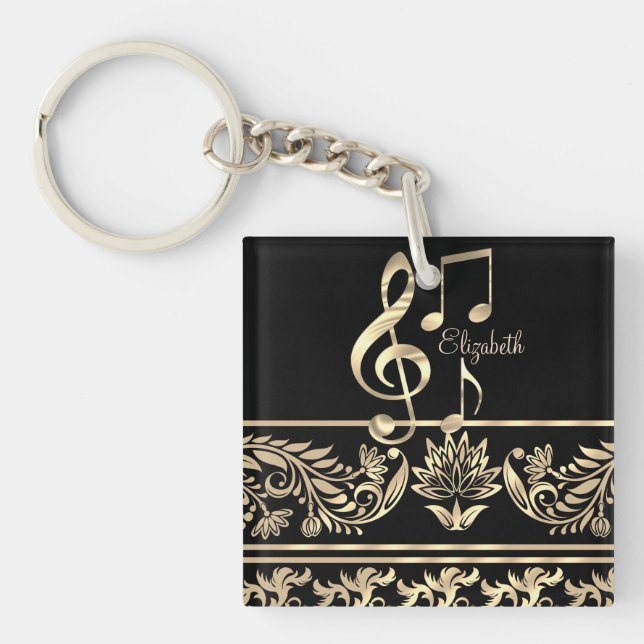 Llavero Elegante Floral de Oro, Llave de Violín, Nota (Frente)
