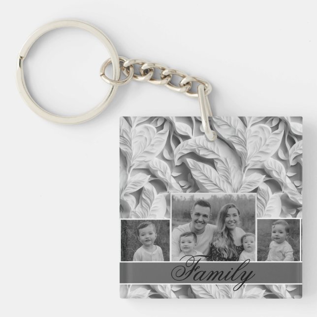 Llavero Elegante floral gris blanco plateado azul polvorie (Frente)