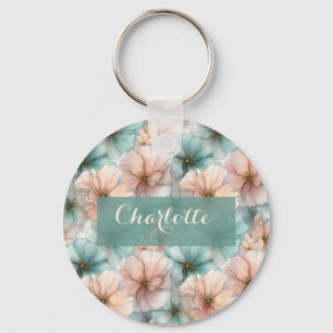 Llavero Elegante floral personalizado rosa y verde vintage