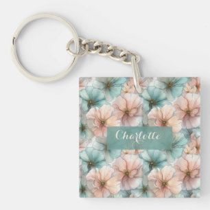 Llavero Elegante Floral Personalizado Rosa y Verde Vintage