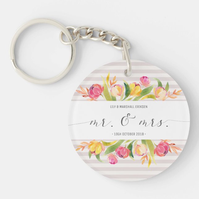 Llavero Elegante Floral Sr. y Sra. Boda | Keychain (Frente)