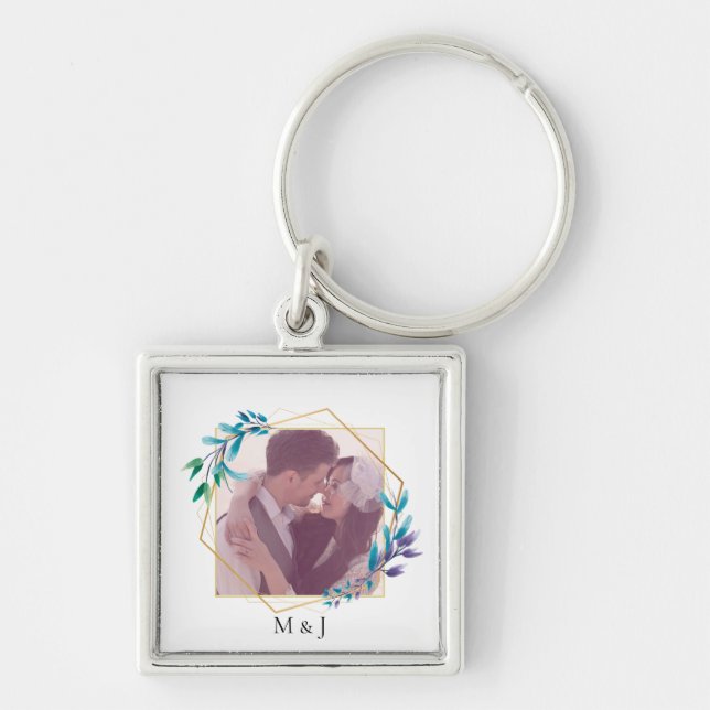 Llavero Elegante foto moderna de oro geométrico y hoja (Frente)