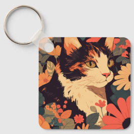 Llavero Elegante gato calico en cadena de claves de jardín