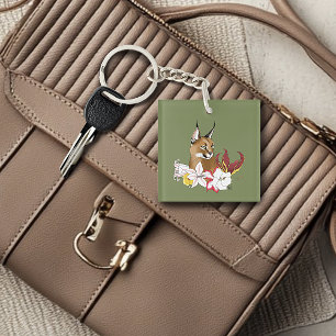 Llavero Elegante Gato Montés Caracal Lirios Floral Verde