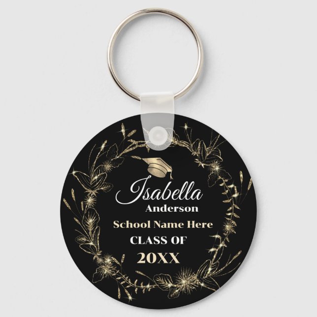 Llavero Elegante Graduación de nombre de cuadro dorado (Anverso)