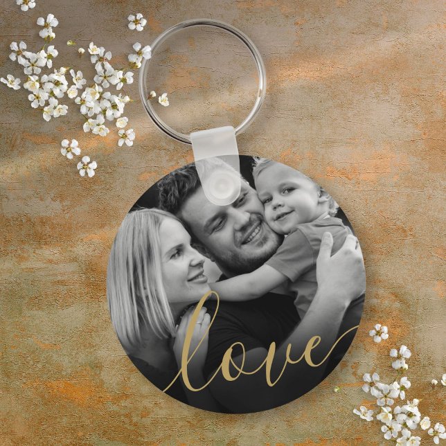 Llavero Elegante Guión de Oro Amor Foto en blanco y negro (Elegant Gold Script Love Black and White Photo Keychain)