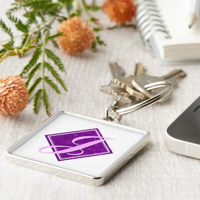 Llavero Elegante guión inicial de diamantes de mármol púrp (Lado)