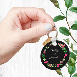 Llavero Elegante guirnalda floral rosa Nombra negra de par