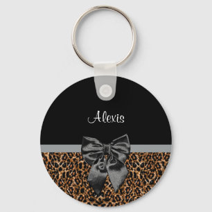Llavero Elegante Leopard Print Elegant Black Bow and Name