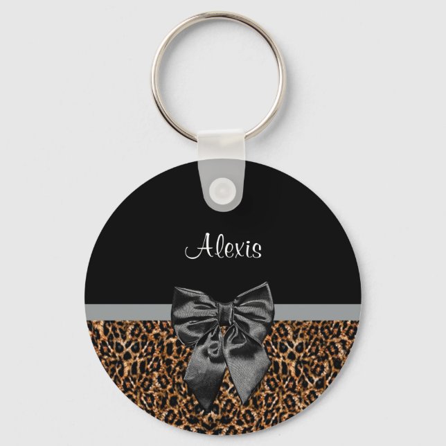 Llavero Elegante Leopard Print Elegant Black Bow and Name (Anverso)