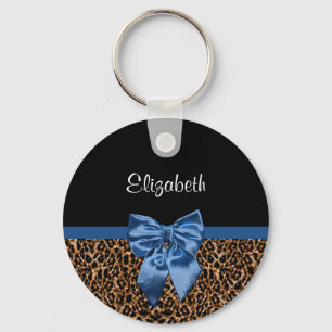 Llavero Elegante Leopard Print Elegant Blue Bow and Name