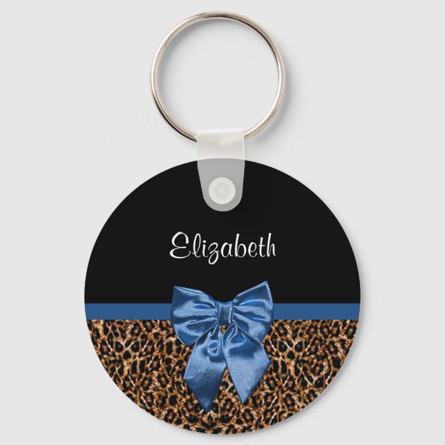 Llavero Elegante Leopard Print Elegant Blue Bow and Name (Anverso)