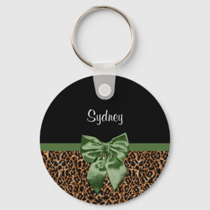 Llavero Elegante Leopard Print Elegant Green Bow and Name