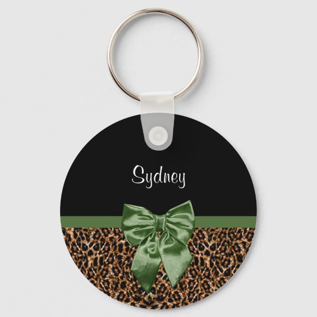 Llavero Elegante Leopard Print Elegant Green Bow and Name (Anverso)