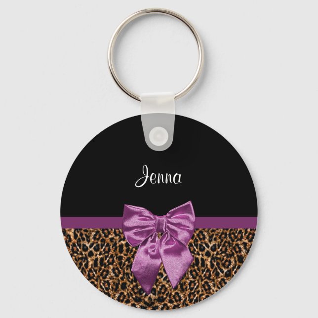Llavero Elegante Leopard Print Elegant Purple Bow and Name (Anverso)