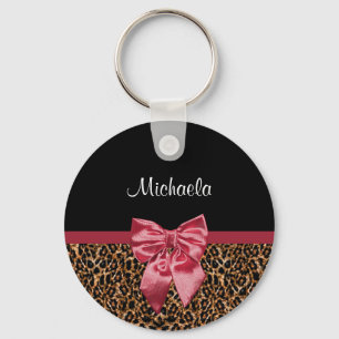 Llavero Elegante Leopard Print Elegant Red Bow and Name