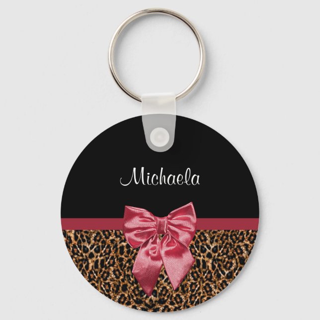 Llavero Elegante Leopard Print Elegant Red Bow and Name (Anverso)
