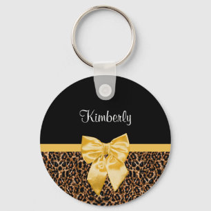 Llavero Elegante Leopard Print Elegant Yellow Bow and Name