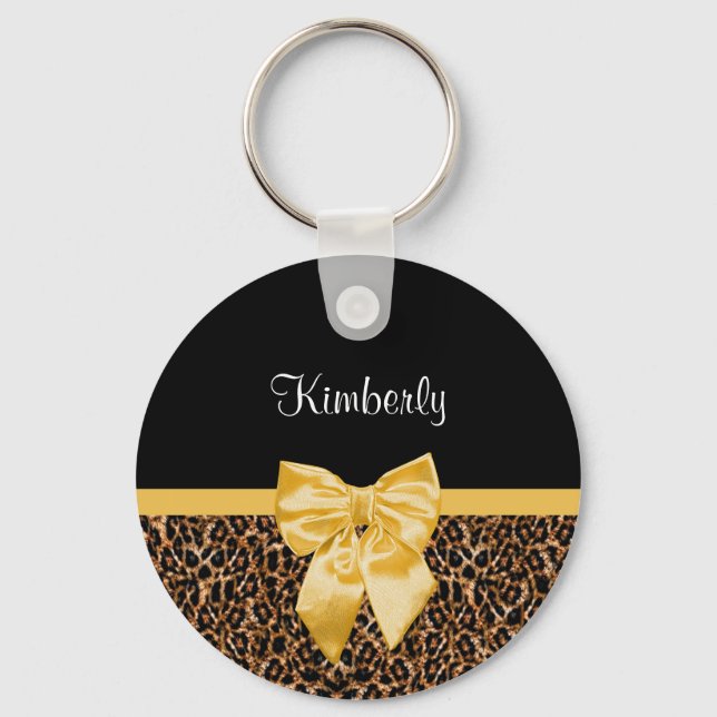 Llavero Elegante Leopard Print Elegant Yellow Bow and Name (Anverso)