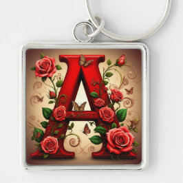 Llavero Elegante letra roja A con rosas y mariposa