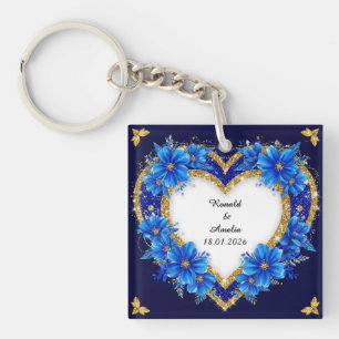 Llavero Elegante marco de corazón azul y dorado