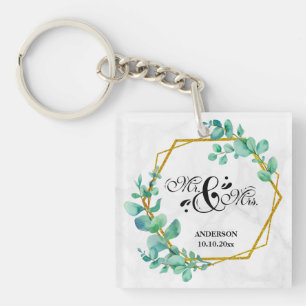 Llavero Elegante marco de oro geométrico con hoja de eucal