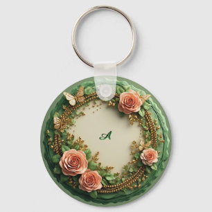 Llavero Elegante marco floral verde con rosas rosadas