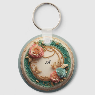 Llavero Elegante marco floral verde con rosas rosadas