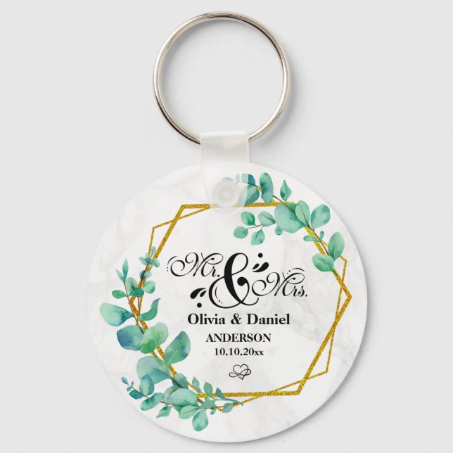 Llavero Elegante marco geométrico dorado con eucalipto sal (Anverso)