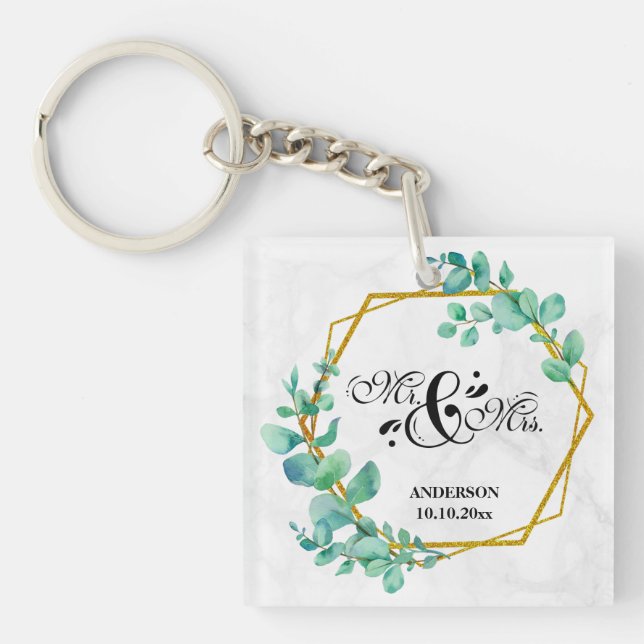 Llavero Elegante marco geométrico dorado con eucalipto sal (Frente)