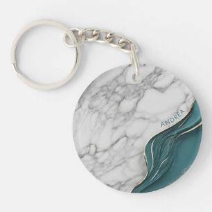 Llavero Elegante mármol personalizado en teal oscuro y dor