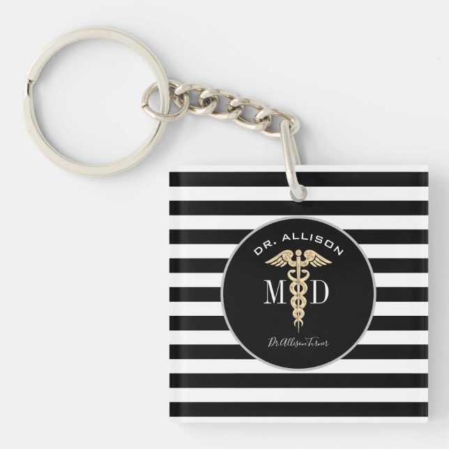 Llavero Elegante Médica médico Caduceus Black Personalizad (Frente)
