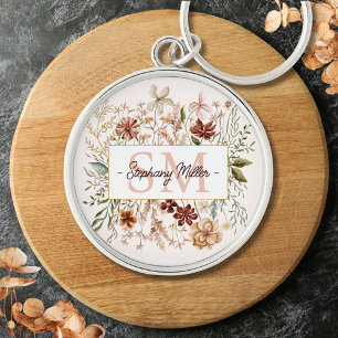 Llavero Elegante Monograma Acuarela Floral de Flores Silve