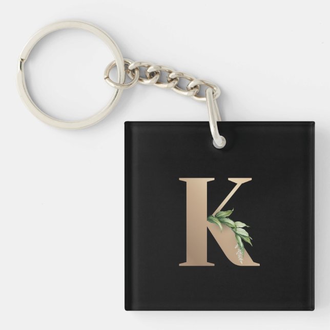 Llavero Elegante Monograma Botánico Carta de Oro K (Frente)