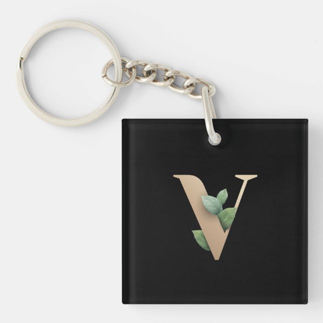 Llavero Elegante Monograma Botánico Carta de Oro V (Frente)
