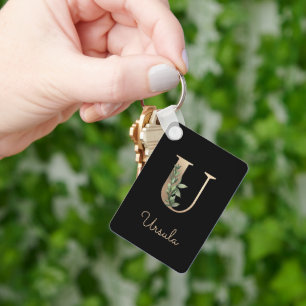Llavero Elegante Monograma Botánico Gold Letter U Keychain