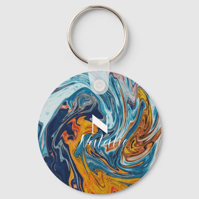 Llavero Elegante Monograma de Oro Azul de Lujo (Anverso)