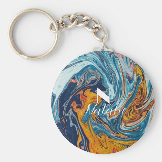 Llavero Elegante Monograma de Oro Azul de Lujo (Frente)