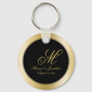Llavero Elegante Monograma Dorado Script Boda Negro