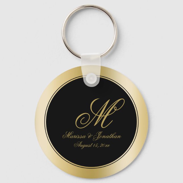 Llavero Elegante Monograma Dorado Script Boda Negro (Anverso)