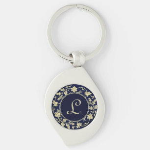 Llavero Elegante Monograma Floral Inicial Vintage Azul