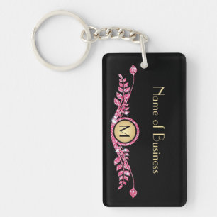 Llavero Elegante Monograma floral rosa y negro Faux Glitz