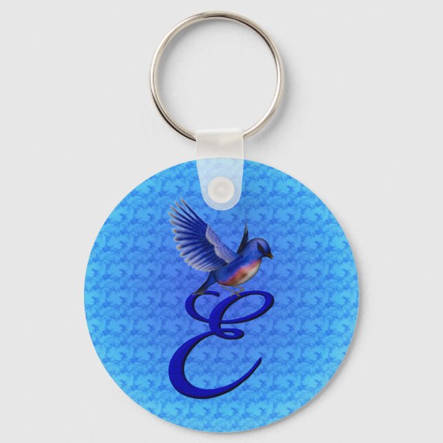 Llavero Elegante Monograma Inicial E Pájaro Azul (Anverso)