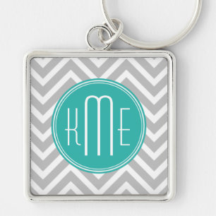 Llavero Elegante Monograma Moderno Gris Chevron y Menta