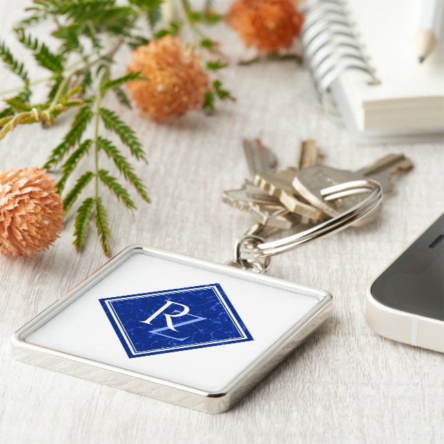 Llavero Elegante Monograma Real de Diamante de Mármol Azul (Lado)