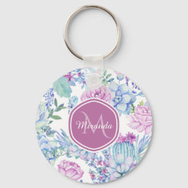 Llavero Elegante Morado y Azul Suculento Floral con nombre