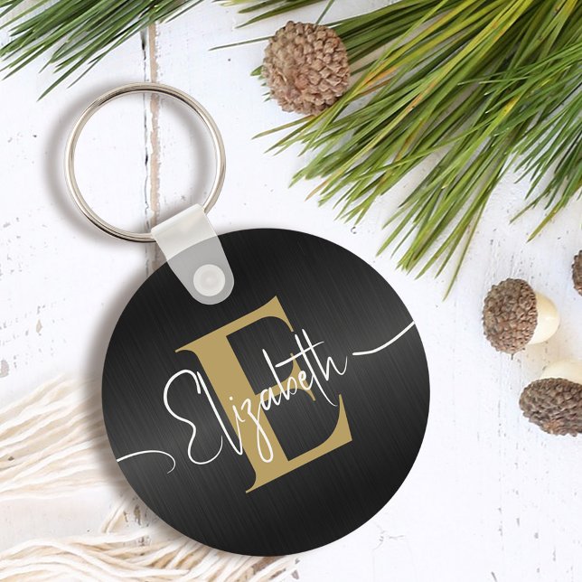 Llavero Elegante oro metálico cepillado negro monogramado (Subido por el creador)
