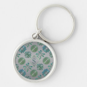Llavero Elegante Patrón de Monograma Azul Verde Ornamentad